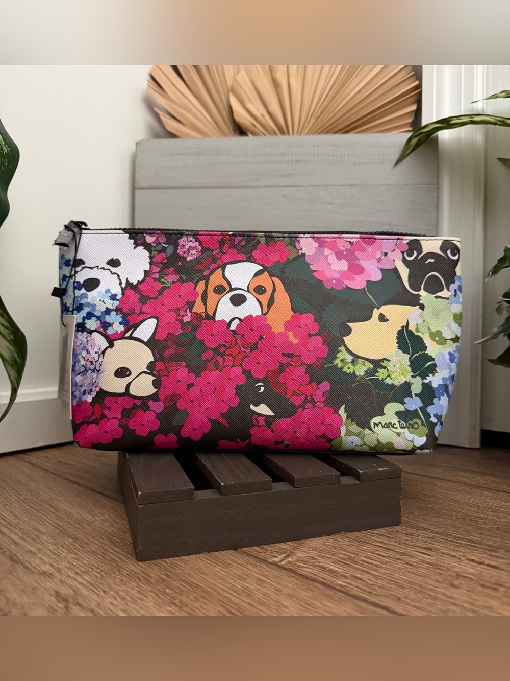 Marc Tetro Black & Floral Dogs Large Cosmetic Case Pouch - NWT